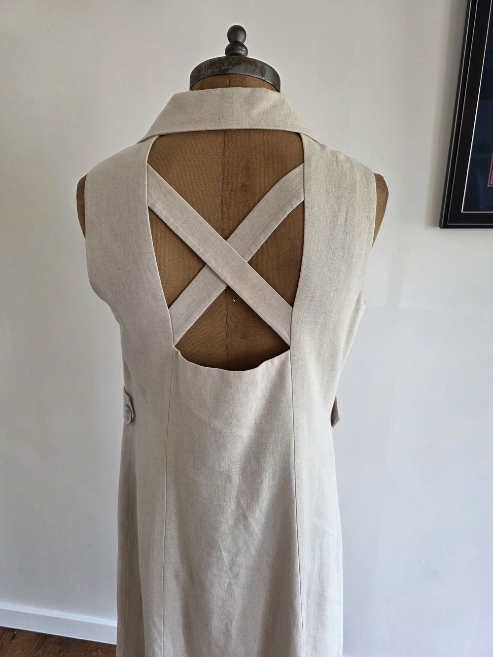 Coldwater Creek X Back Sundress Beige Linen Blend Shell Buttons Size Medium - Picture 6 of 8